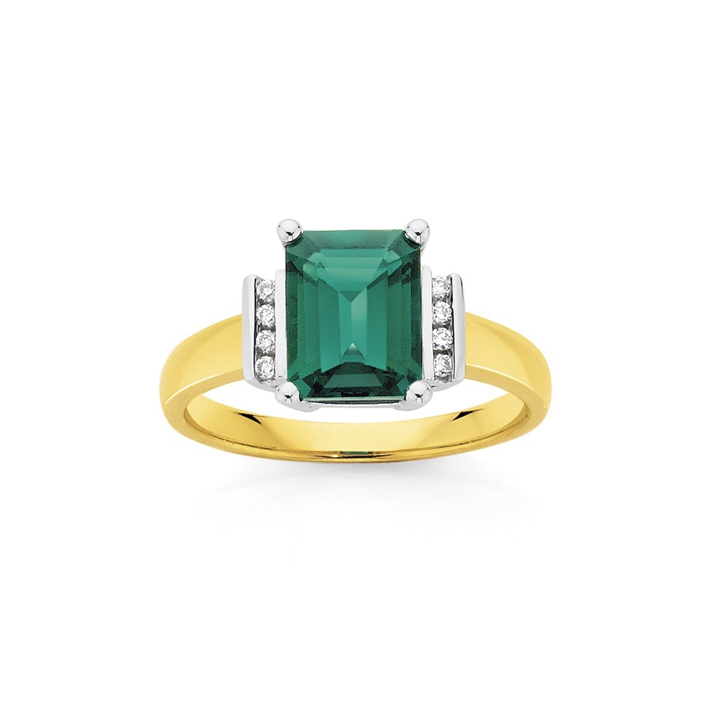 9ct Gold Two Tone Created Emerald & Diamond Ring Angus & Coote