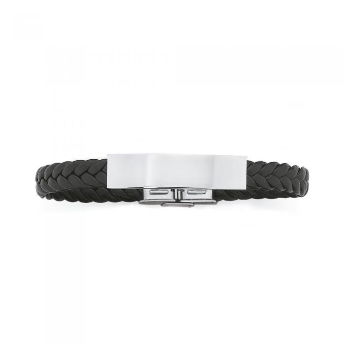 Stainless Steel 21cm Black Leather Plait Gents Identity Bracelet