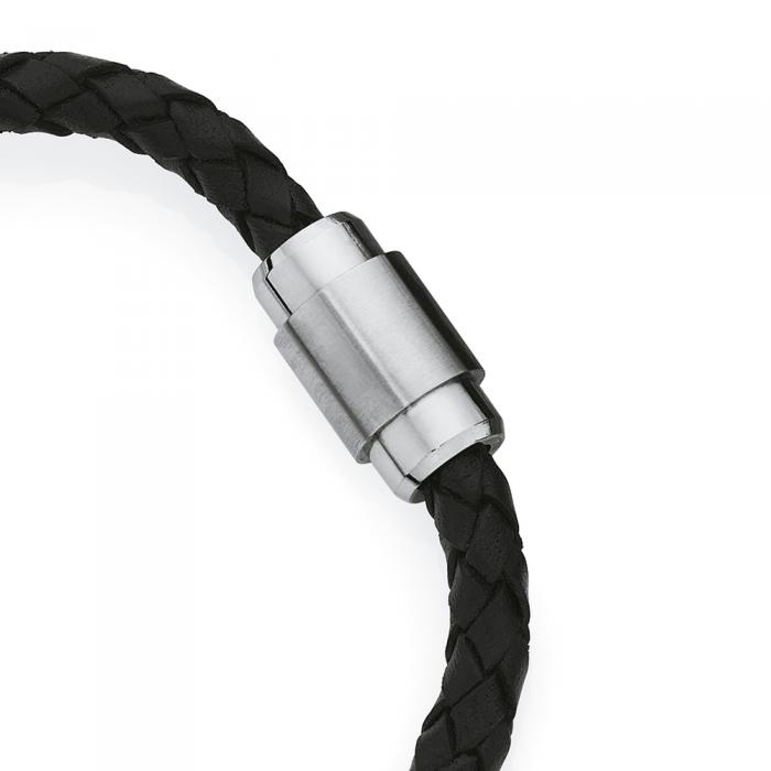 Stainless Steel Black Leather Barrel Plait Men's Bracelet