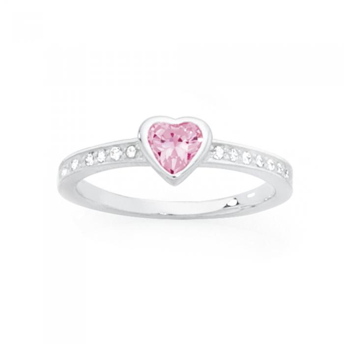 Silver Pink CZ Heart & Channel Set CZ Ring