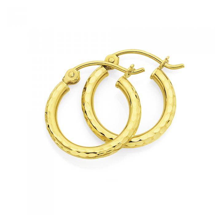 9ct Gold 2x10mm Diamond-Cut Hoop Earrings