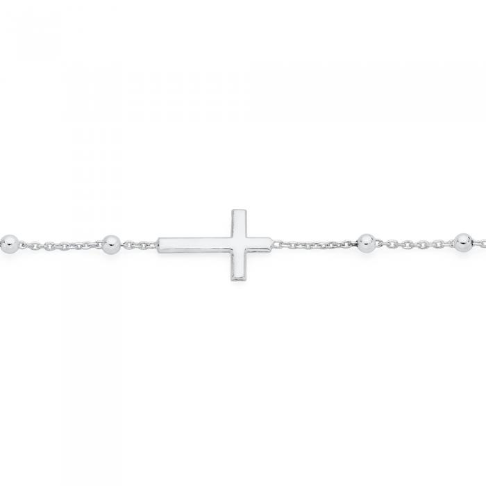 Sterling Silver 19cm Side Cross Bead Bracelet