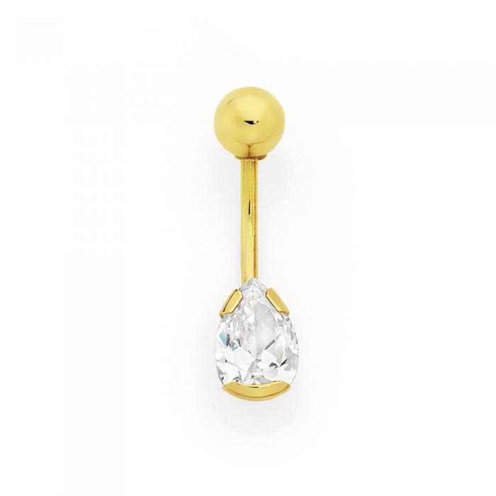 9ct Gold CZ Pear Belly Bar