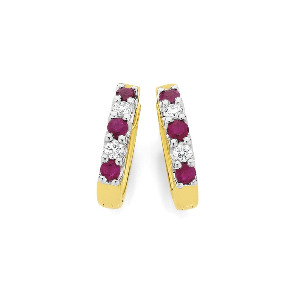 9ct Gold Natural Ruby & .15ct Diamond Huggie Earrings