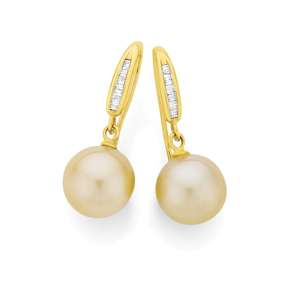9ct Gold Cultured South Sea Pearl & Diamond Hook Earrings