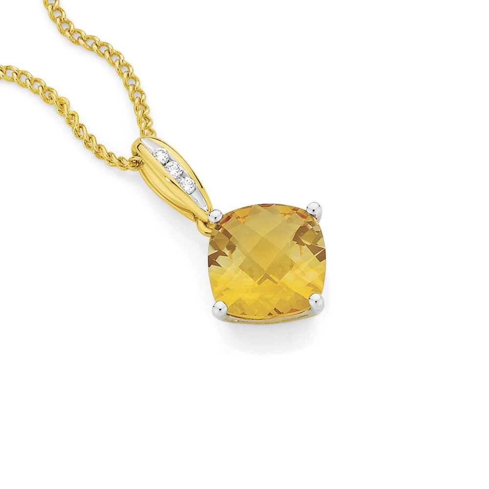 9ct Gold Citrine & Diamond Pendant