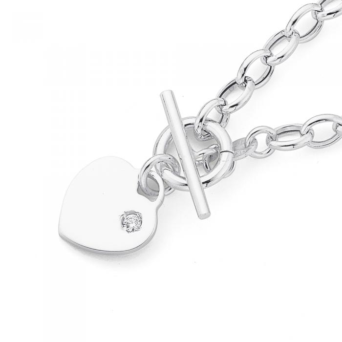 Silver Oval Belcher with CZ Heart FOB Bracelet