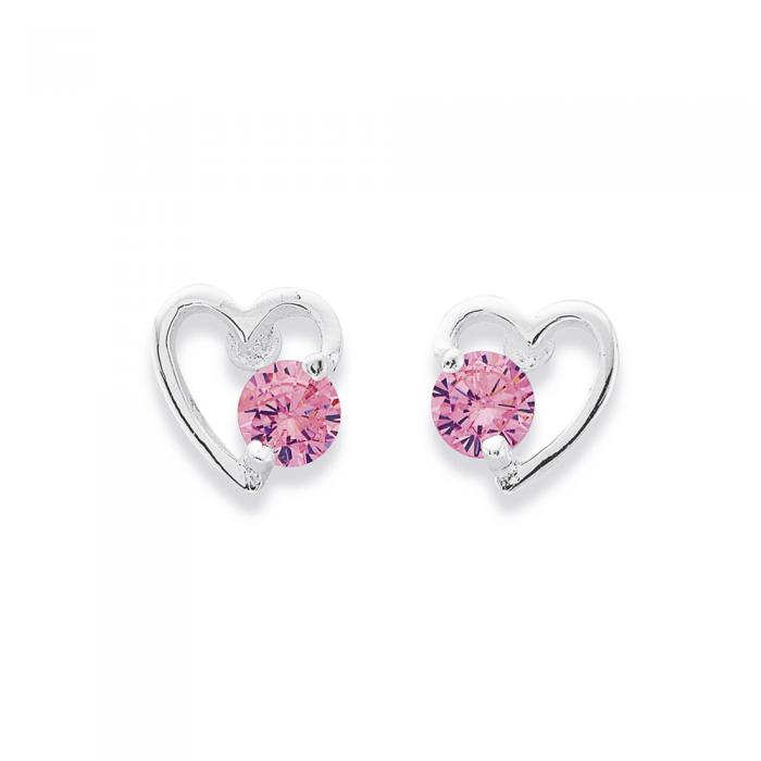 Silver Pink Cubic Zirconia Heart Studs