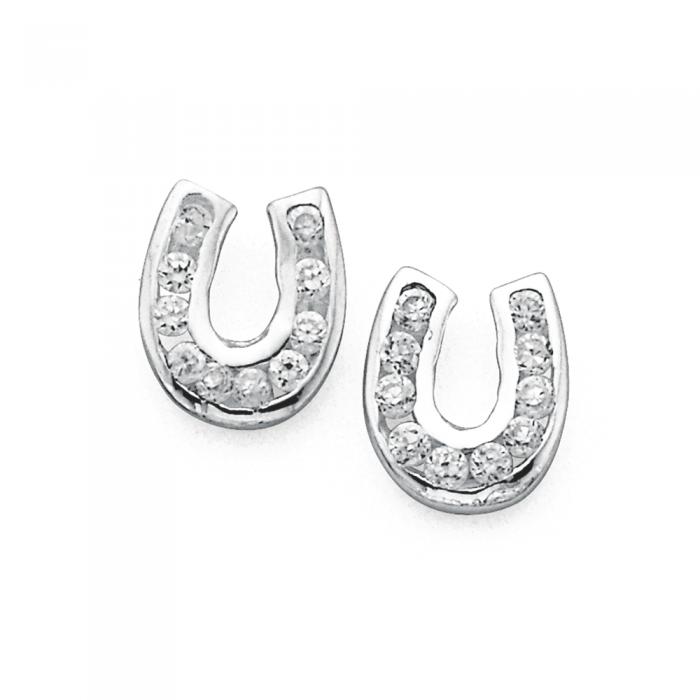 Sterling Silver Cubic Zirconia Horseshoe Stud Earrings