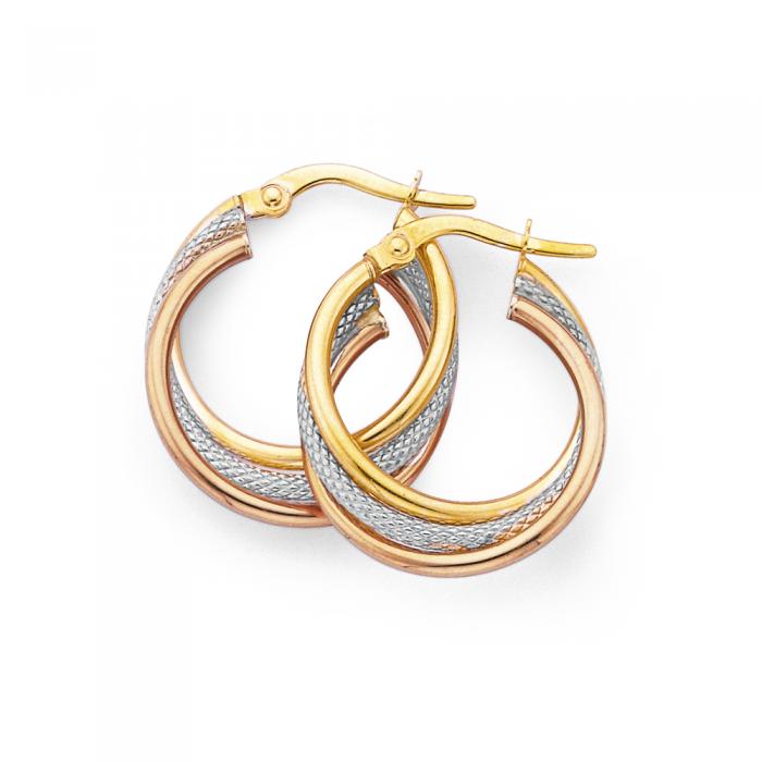 9ct Gold Tri Tone 15mm Plain & Pattern Hoop Earrings