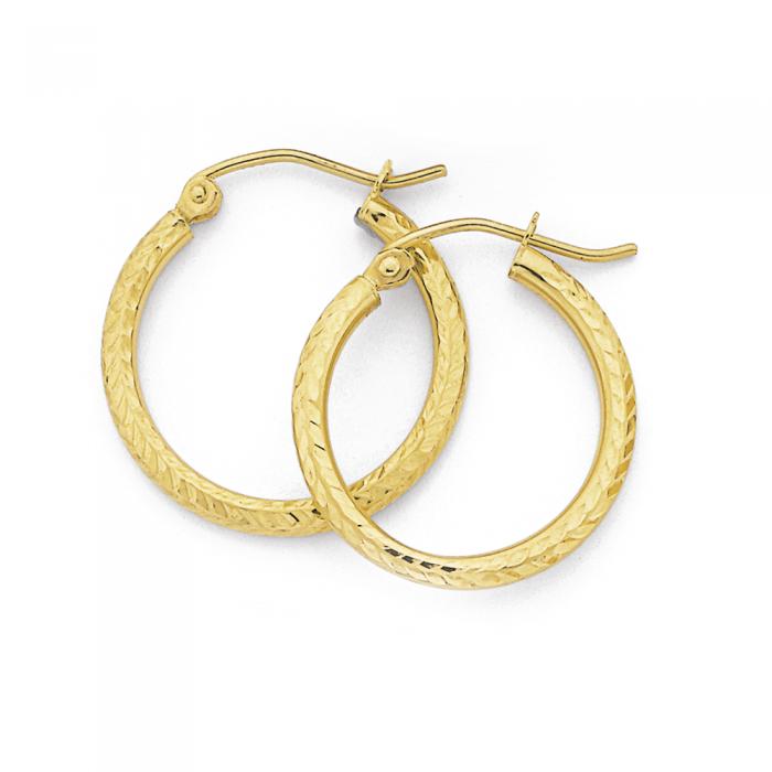 9ct Gold 2x15mm Diamond-cut Hoop Earrings