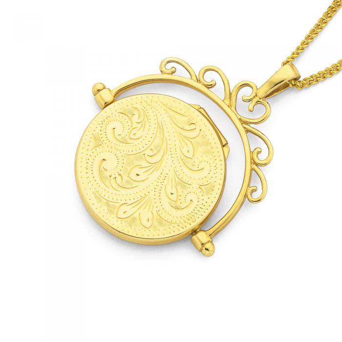 9ct Gold 25mm Filigree Engraved Flat Round Spinner Locket