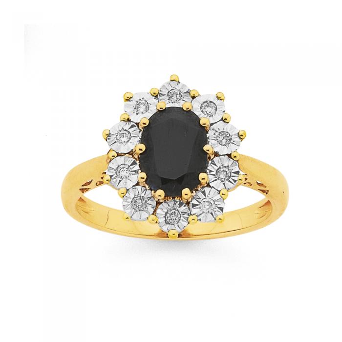 9ct Gold Black Sapphire & .10ct Diamond Oval 'Royal' Ring