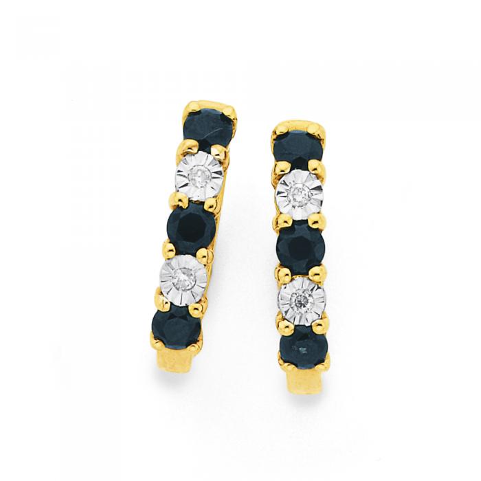 9ct Gold, Black Sapphire & Diamond Huggie Earrings