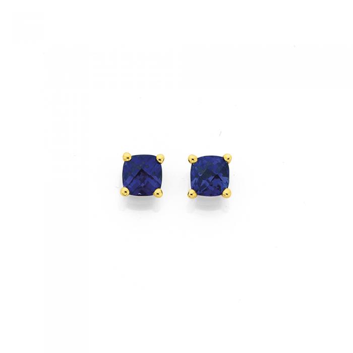 9ct Gold Created Sapphire 5mm Cushion Stud Earrings