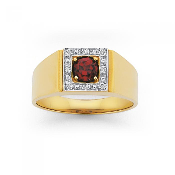 9ct Gold Diamond and Created Ruby Gents Ring