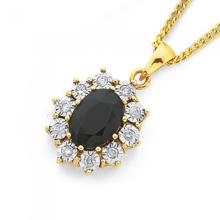 9ct Gold Black Sapphire & .10ct Diamond Oval Pendant