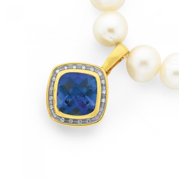 9ct Gold, Created Sapphire & Diamond Cushion Cut Enhancer Pendant