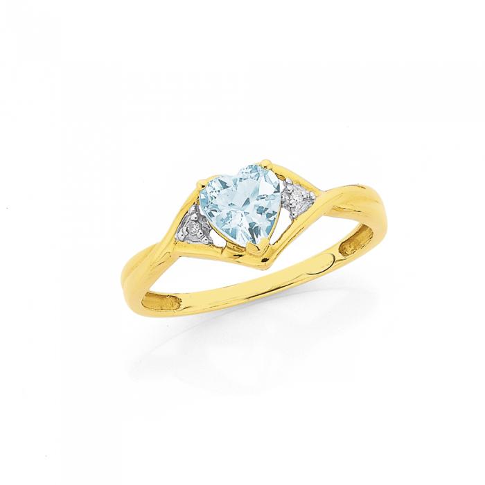 9ct Gold, Aquamarine & Diamond Heart Twist Ring