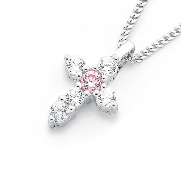 Sterling Silver Pink Cubic Zirconia Cross Pendant