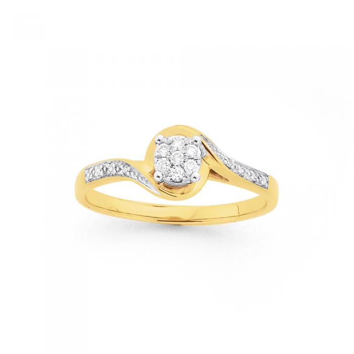 9ct Gold Diamond Cluster Swirl Ring