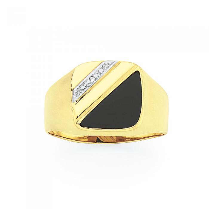 9ct Gold Diamond & Black Agate Men's Dress Men's Ring