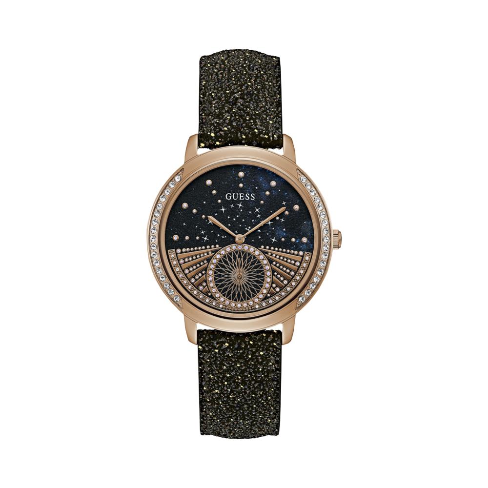 Guess Watches Guess Ladies Stargazer Rose Gold Case Black Dial Black  Leather Watch - Women's Watches from Faith Jewellers UK