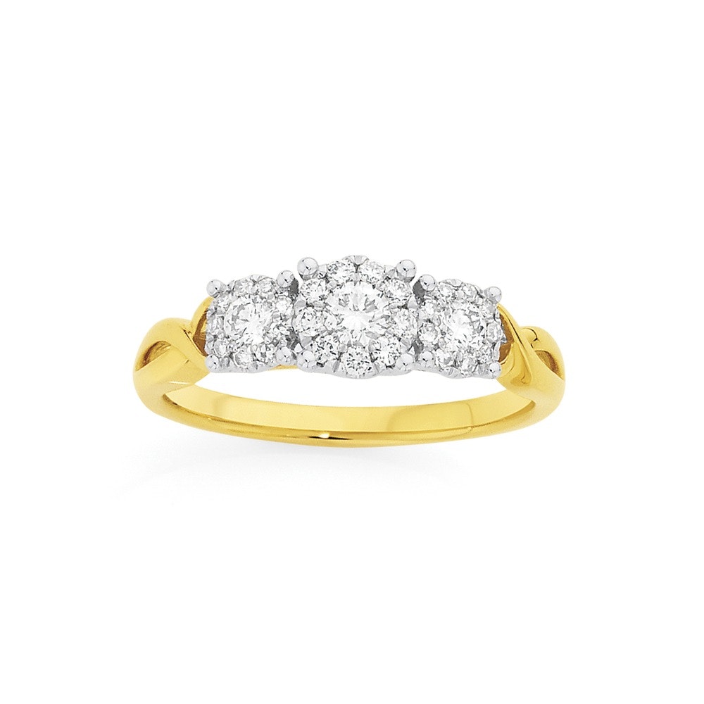 9ct Gold Diamond Cluster Trilogy Ring