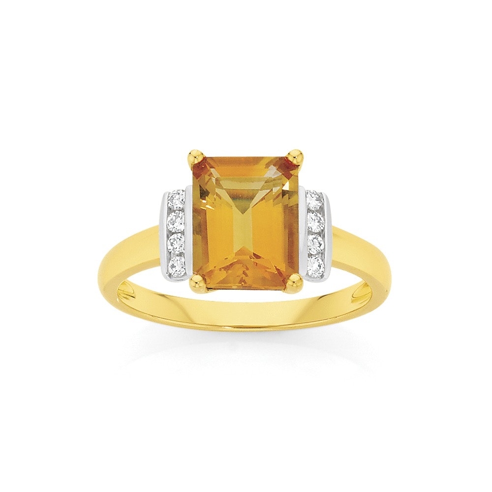 9ct Gold Citrine & .10ct Diamond Emerald Cut Shoulder Set Ring