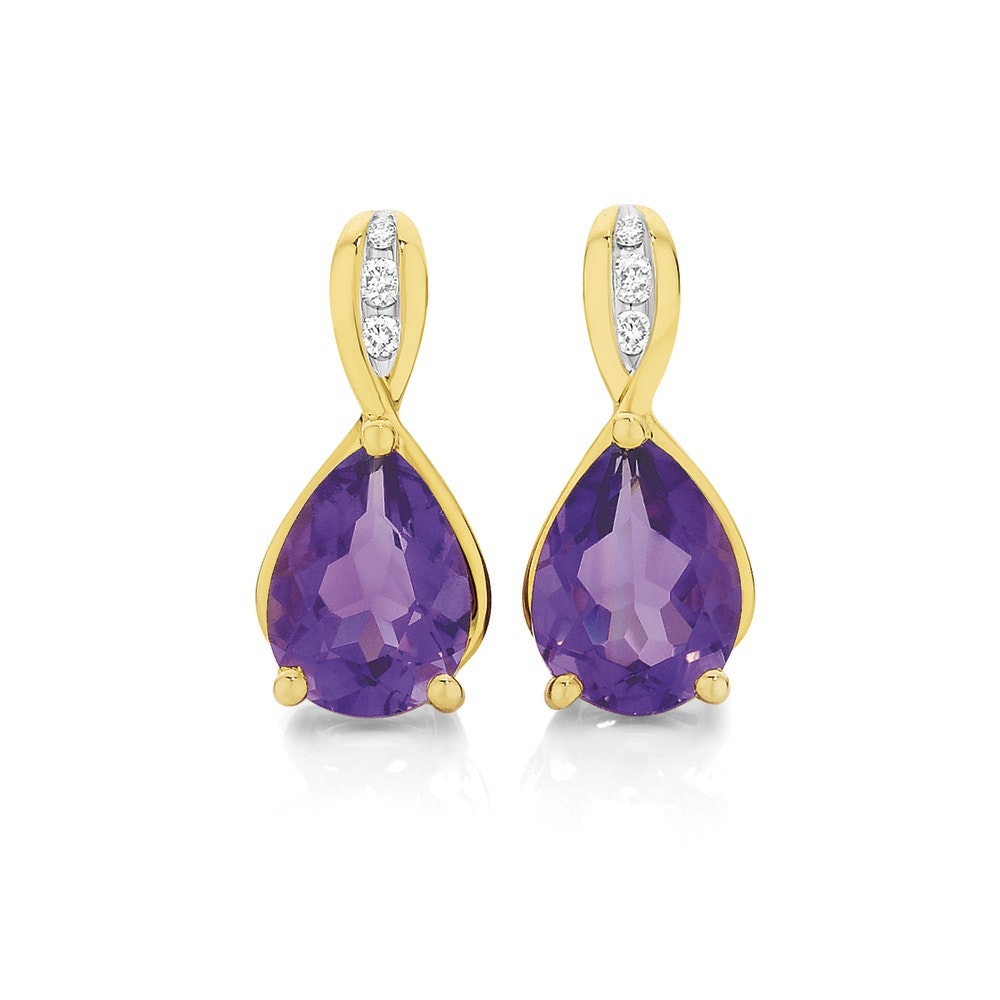 9ct Gold Amethyst & Diamond Stud Earrings