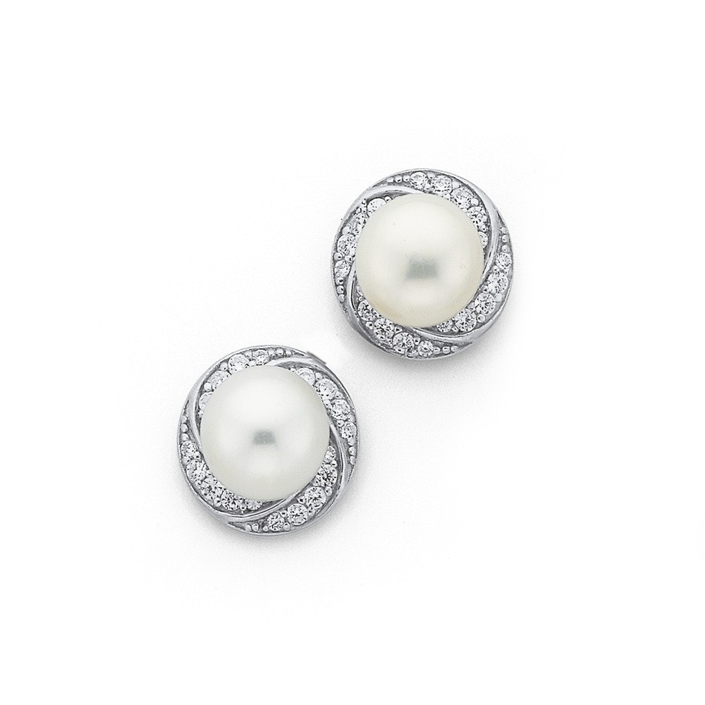 Silver F/W Pearl and CZ Twist Border Earrings