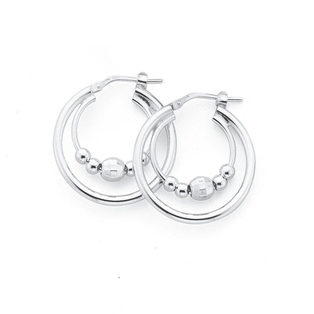 Silver Double Hoop Face and Plain Ball Earrings