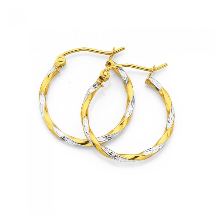 9ct Gold Two Tone 1.8x15mm Twist Hoop Earrings