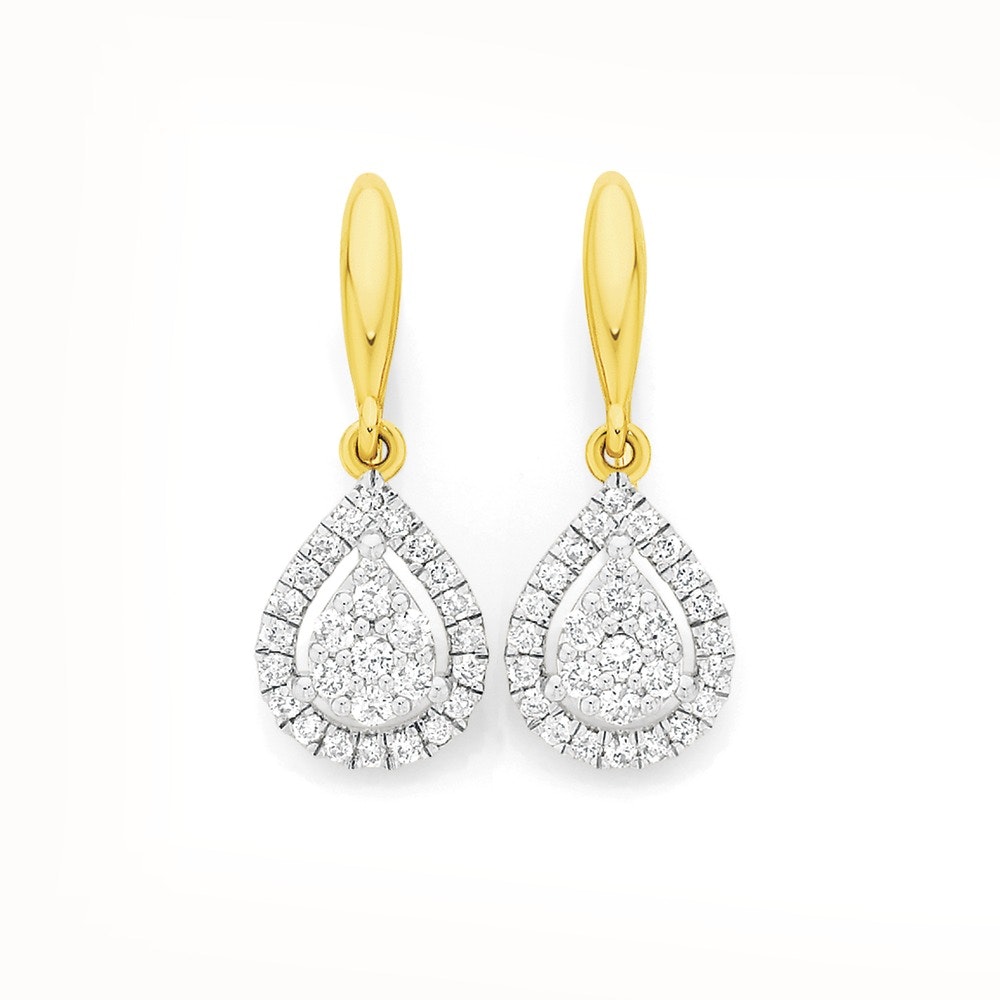 9ct Gold Diamond Cluster Pear Drop Hook Earrings