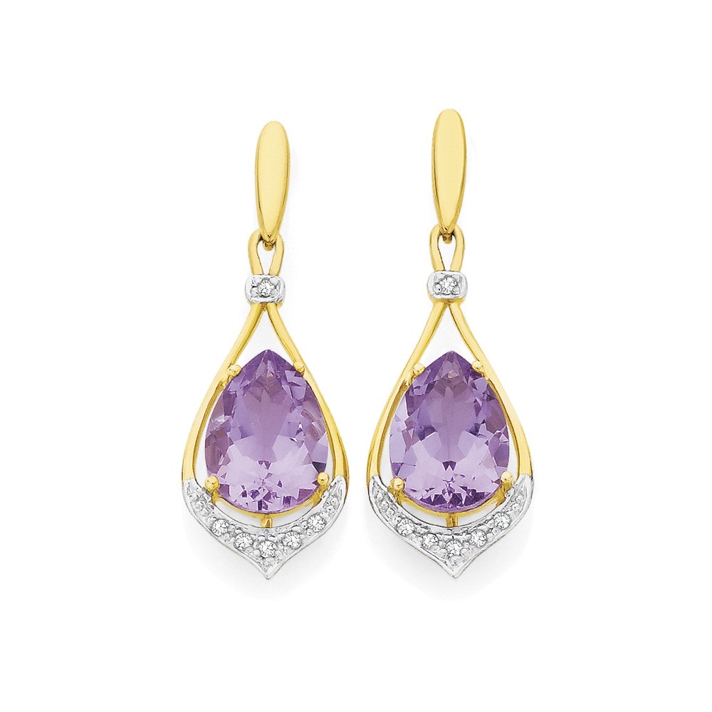 9ct Gold Pink Amethyst & Diamond Stud Earrings
