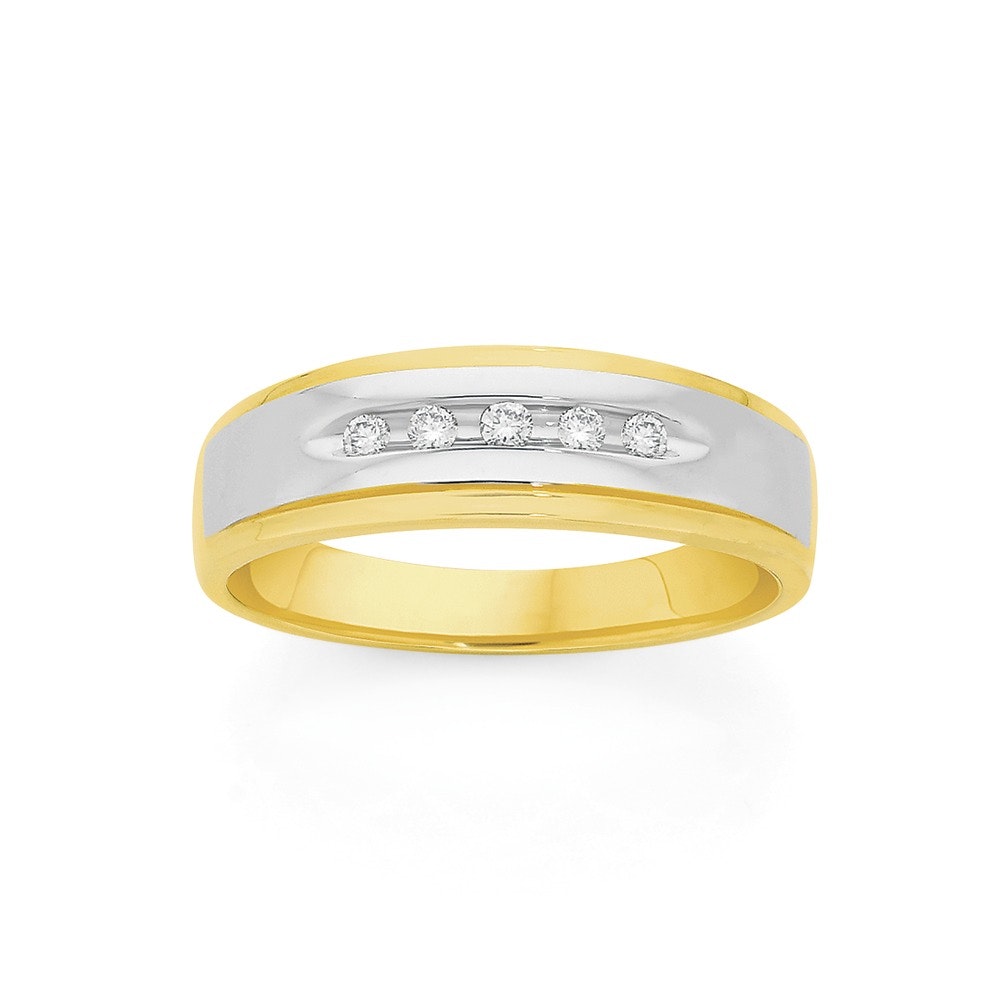 9ct Yellow and White Gold 5 Diamonds Gents Ring