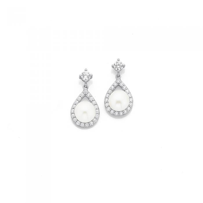 Sterling Silver F/W Pearl & Cubic Zirconia Drop Earrings