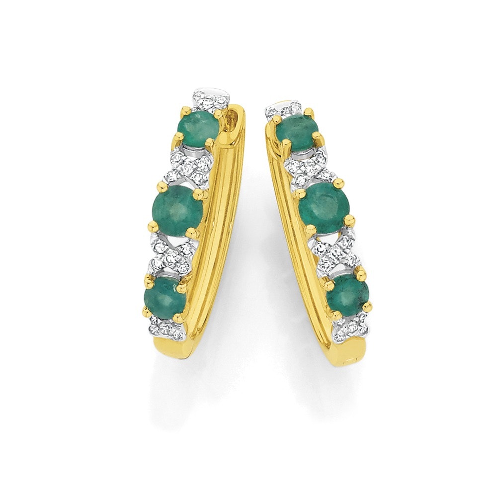 9ct Gold Natural Emerald & Diamond Kiss Huggie Earrings