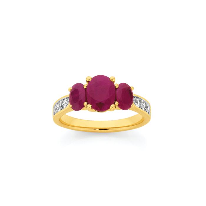 9ct Gold Natural Ruby & .25ct Diamond Trilogy Ring