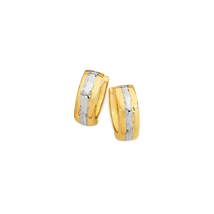 9ct Gold Two Tone 10mm Diamond-Cut Stripe Huggie Earrings