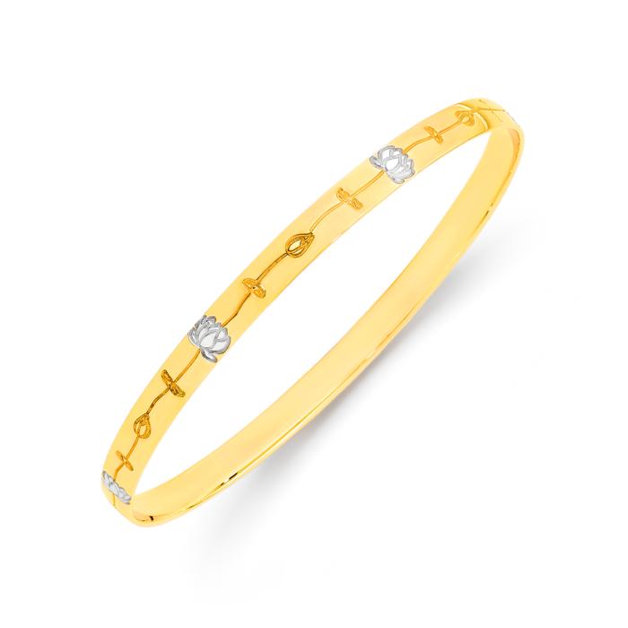 9ct Gold Two Tone 65mm Lotus Engraved Bangle