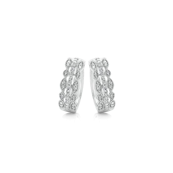 9ct White Gold Diamond Three Row Milgrain Huggie Earrings