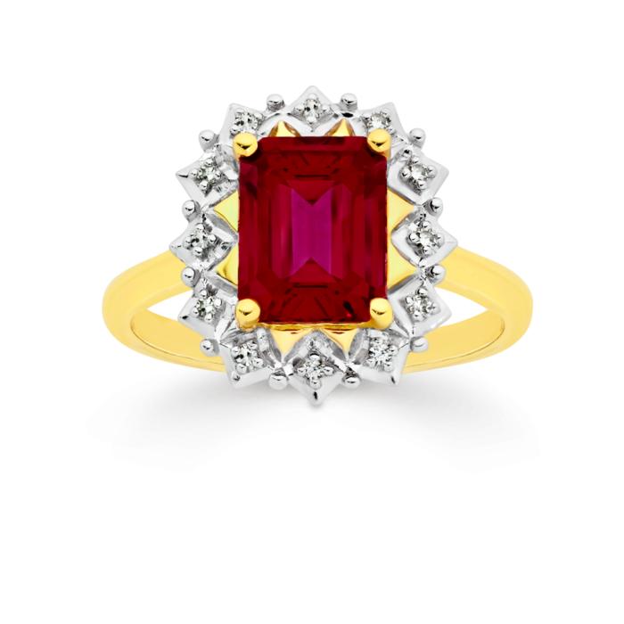 9ct Gold Created Ruby & Diamond Frame Ring