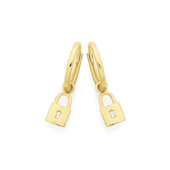 9ct Gold 9mm Lock Drop Huggie Earrings