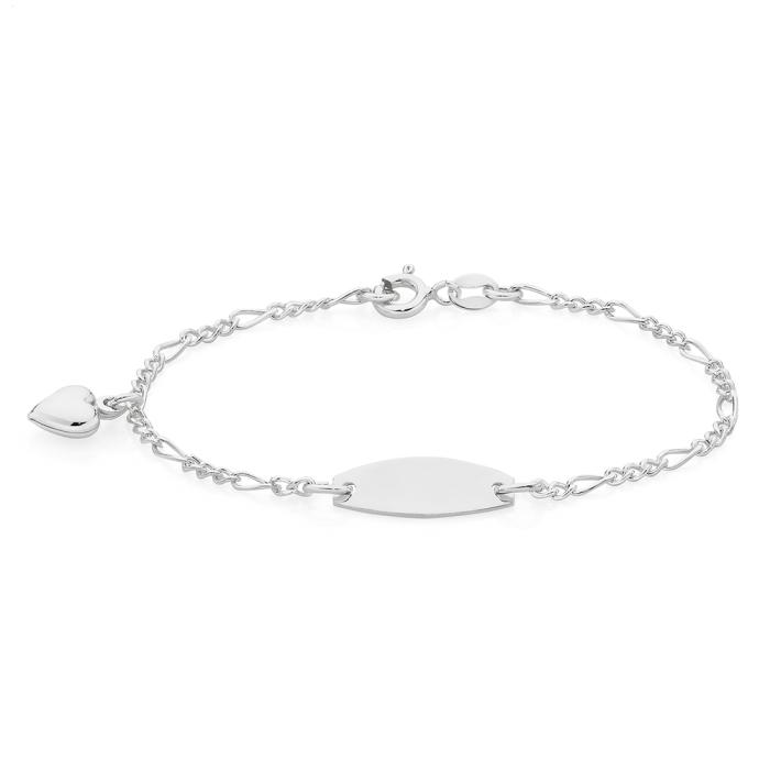 Silver 16cm Solid Figaro 3+1 Heart Charm Identity Bracelet