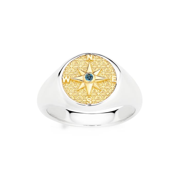 9ct Gold & Sterling Silver London Blue Topaz Compass Round Signet Men's Ring