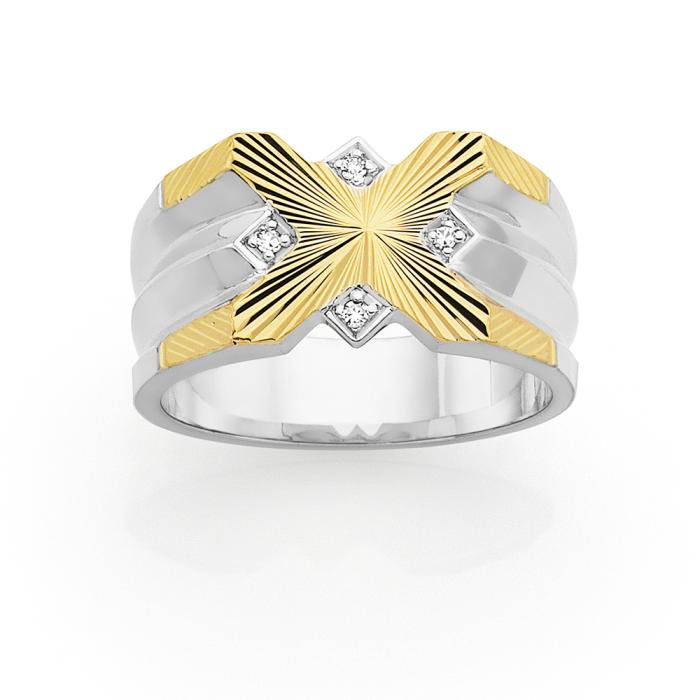 9ct Gold/Sterling Silver Diamonds Sunray Fancy Dress Men's Ring