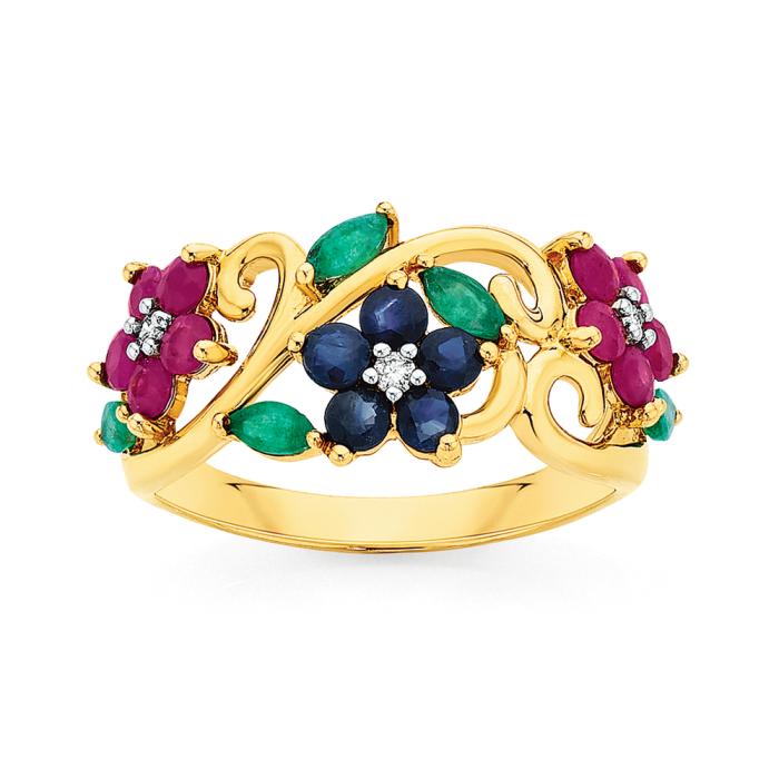 9ct Gold Natural Sapphire Ruby Emerald & Diamond Ring