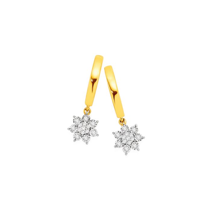 9ct Gold Diamond Flower Drop Hoop Earrings