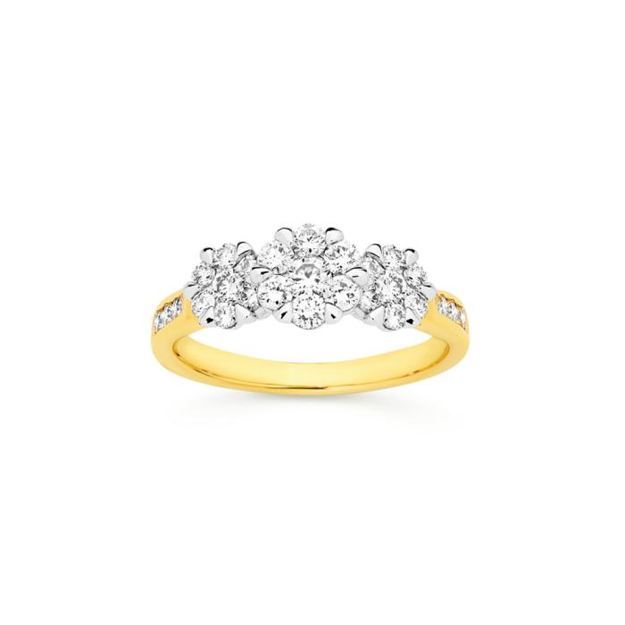 9ct Gold Diamond Cluster Trilogy Ring